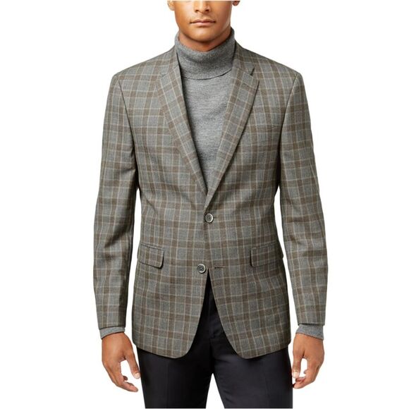 Tommy Hilfiger Mens Grid Two Button Blazer Jacket, Grey, NWT